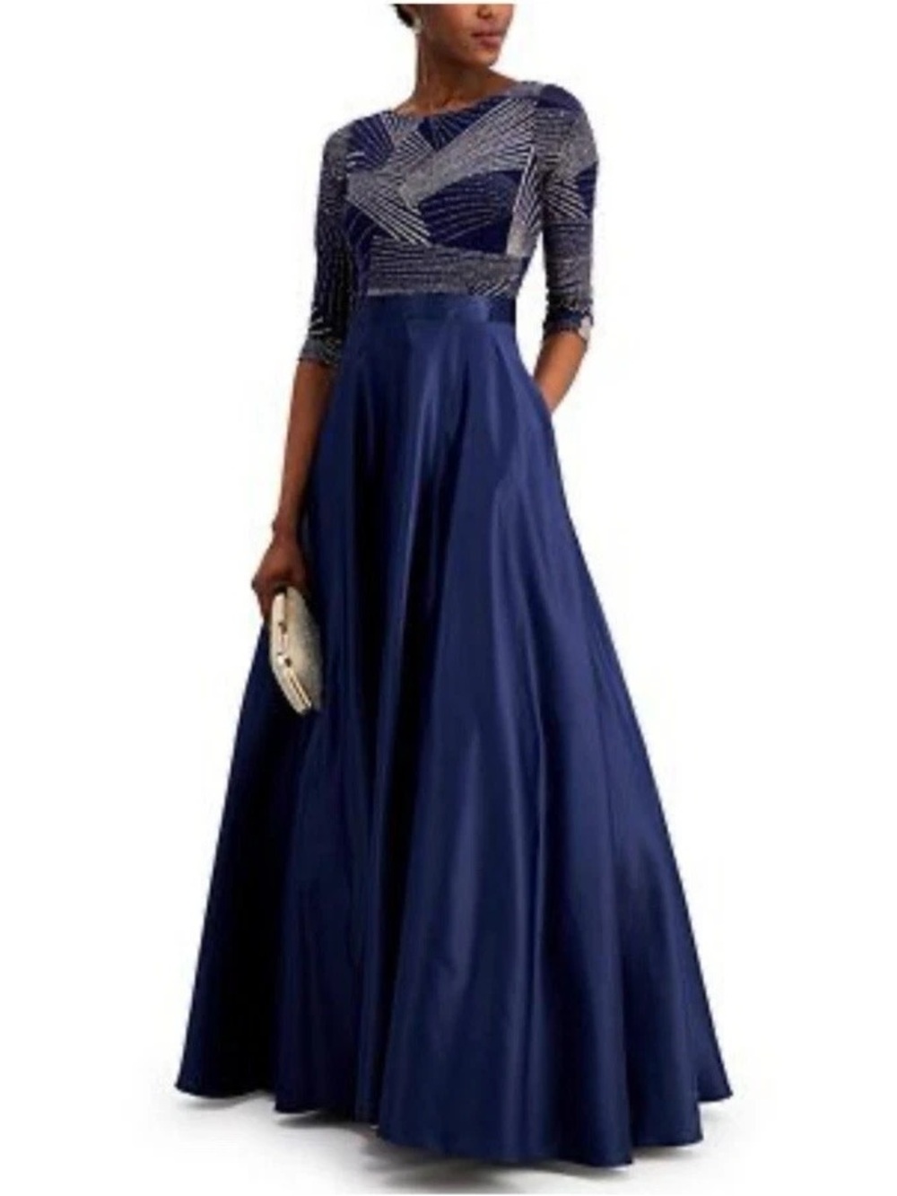 BETSY & ADAM Gianni Navy Rose Gold Glitter Elegant Gala Ball Gown 12 P Petite